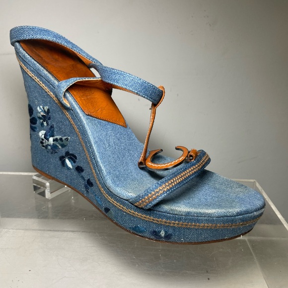 DIOR shoes /DIOR blue denim wedge platform sandals sz 40 us 9.5 made in italy - Picture 4 of 14